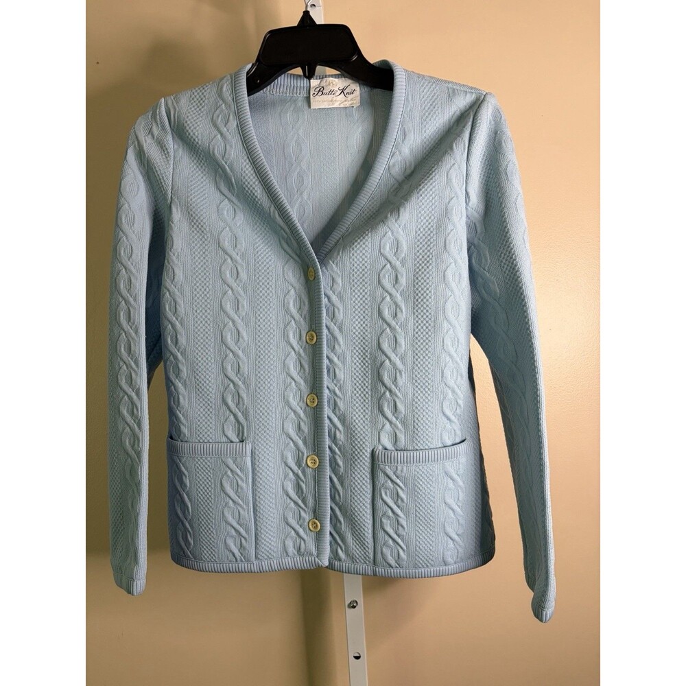 Vtg. Butte Knit Button Front Cardigan Sweater Light Blue Cable Knit Cozy Retro